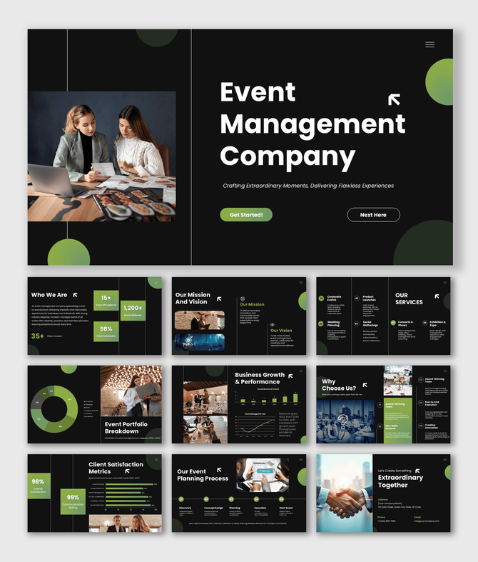 Professional Event Management Company designed for showcasing services, portfolio, growth metrics, and client success.