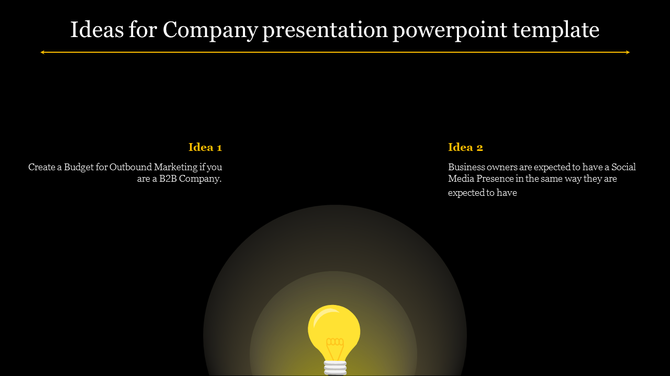 Minimalist slide with a black theme, yellow light bulb graphic at the bottom, and two business related idea sections.