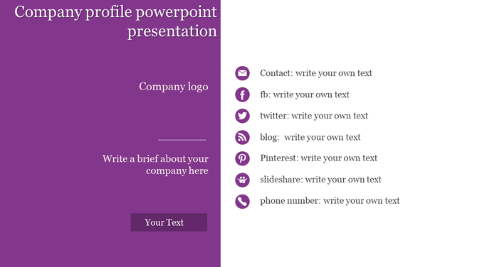 Company profile slide with a purple and white split layout, and a white section with icons for contact details.