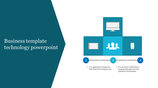 Dark teal left panel with white text, a central blue square infographic with icons, and three numbered process flow below.