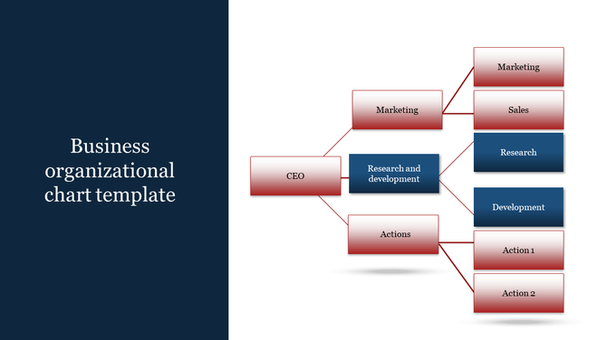 Business hierarchy chart with a red CEO box branching into marketing, research and development, and actions.