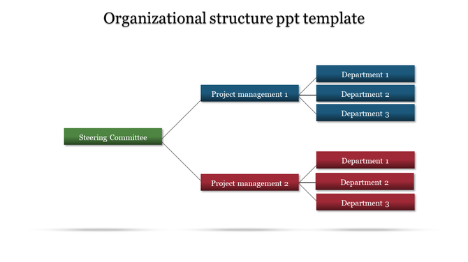 Hierarchical chart with green, blue, and red boxes, showing the steering committee branching into departments.