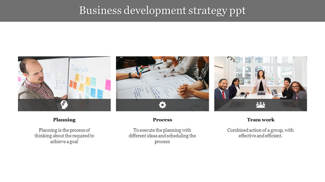Business slide with three images showing planning, process, and teamwork, with a gray footer, on a white background.