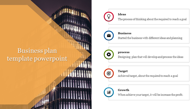 Business slide featuring a dark building image with an orange triangular overlay, and five colorful circular icons.