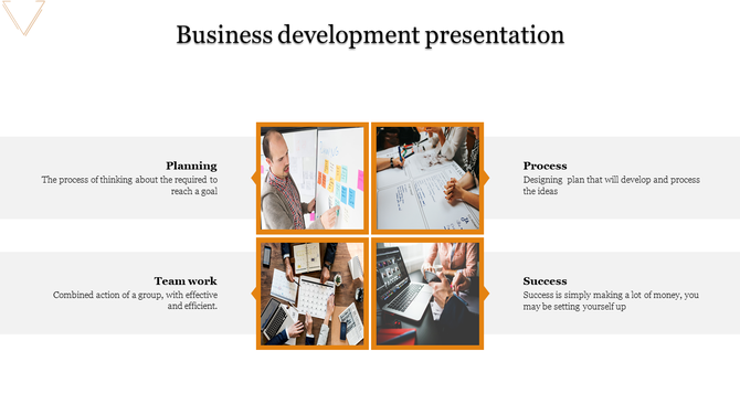 Business development infographic with four labeled images for planning, process, teamwork, and success.
