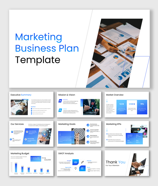 Marketing business plan presentation with blue theme, charts, KPI metrics, budget analysis and SWOT overview slides.