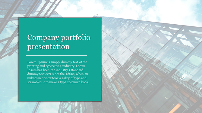 Architectural glass facade serves as the background for a teal section placeholder text areas.