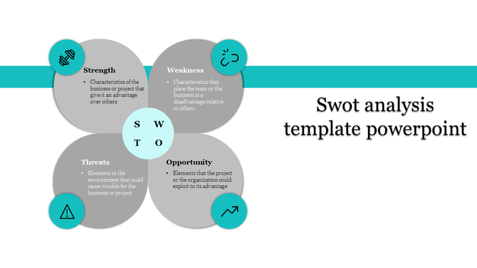 Four gray circular sections representing SWOT analysis with teal icons and text, arranged around a central circle.