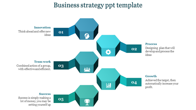 Business strategy template with five interconnected hexagonal elements in teal, representing key business concepts.