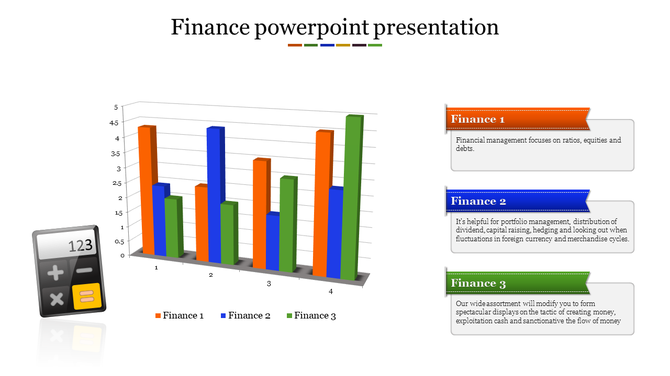 3D bar chart with orange, blue, and green bars on the left, with finance related captions on the right.