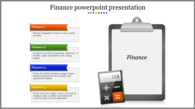 Financial management infographic featuring a structured list with finance categories and a clipboard illustration.