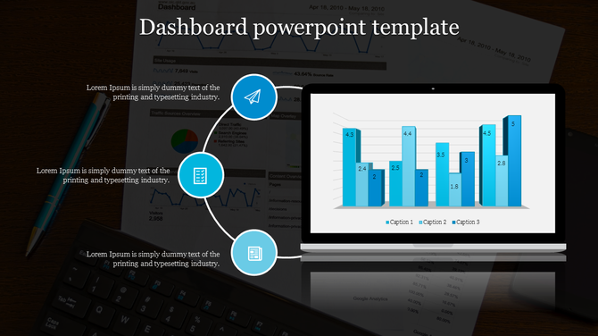 Laptop screen displaying a blue bar chart, surrounded by business dashboard elements placed in dark background.