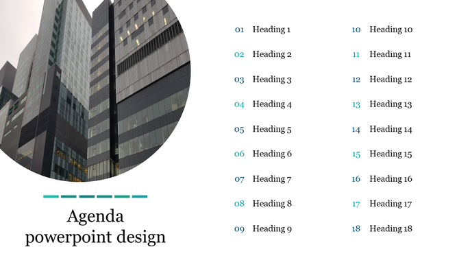 Agenda slide with a circular building image on the left and a numbered list of 18 headings on the right.