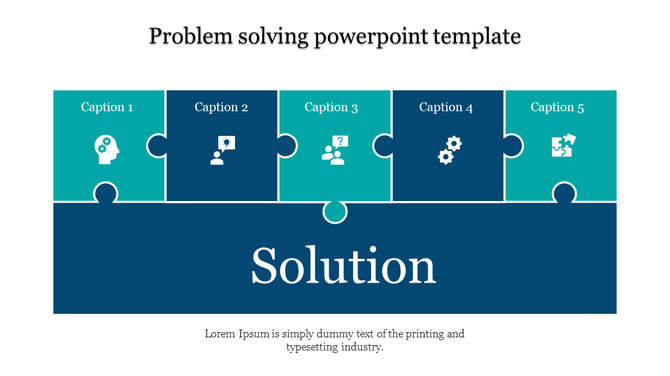Horizontal puzzle design with five segments displaying icons and captions linked to a solution area.