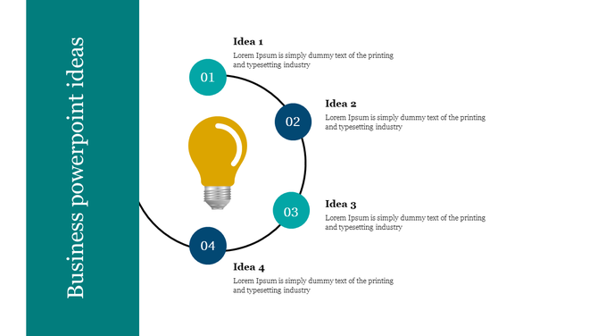 Creative business ideas slide with a circular timeline of four steps and a large lightbulb icon representing innovation.