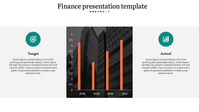 Financial template featuring a bar graph in the center with orange bars and text sections on either side with green icons.