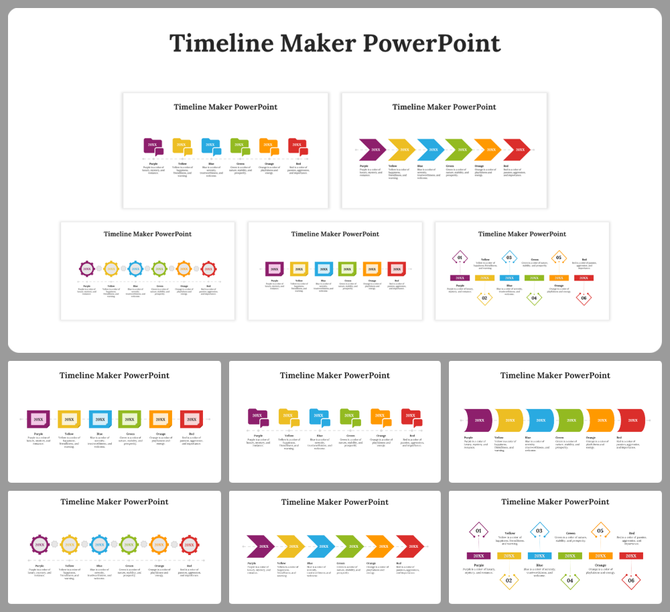 Slide deck showcasing a collection of timeline templates with various colorful designs and layouts.