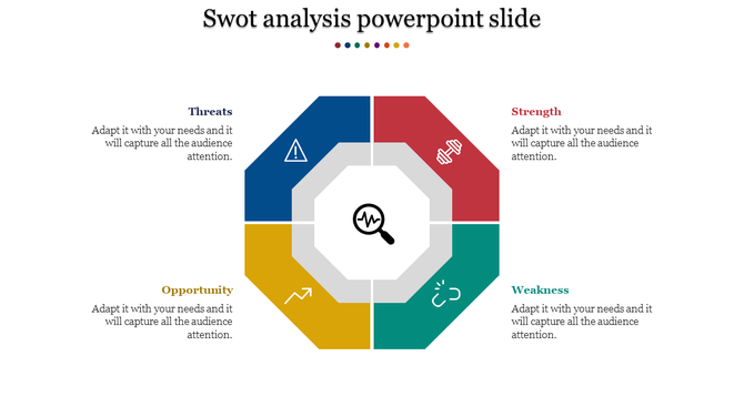 Hexagonal SWOT diagram featuring red, green, yellow, and blue sections with icons and descriptive captions for each category.