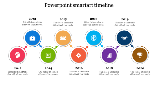 Illustrated timeline with key years from 2012 to 2020, each highlighted with a distinct icons in a colored circle and text.