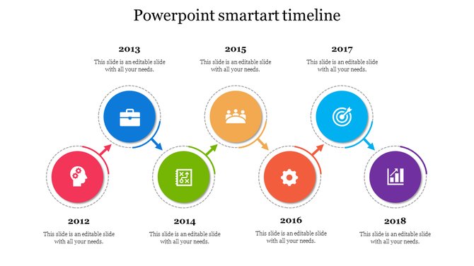 SmartArt timeline with circular icons and arrows, displaying milestones from 2012 to 2018 each with a caption areas.