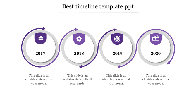 Sequence of four circular icons in purple and gray, connected by arrows, representing years 2017 to 2020.