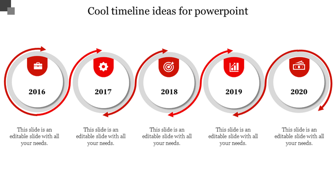 Cool timeline ideas slide displaying a chronological timeline from 2016 to 2020 with circular markers for each year.