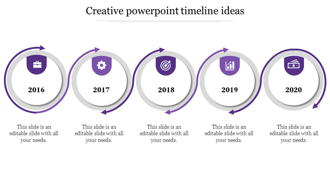 Timeline with five circular icons for years 2016 to 2020, in purple accents, each with captions below.