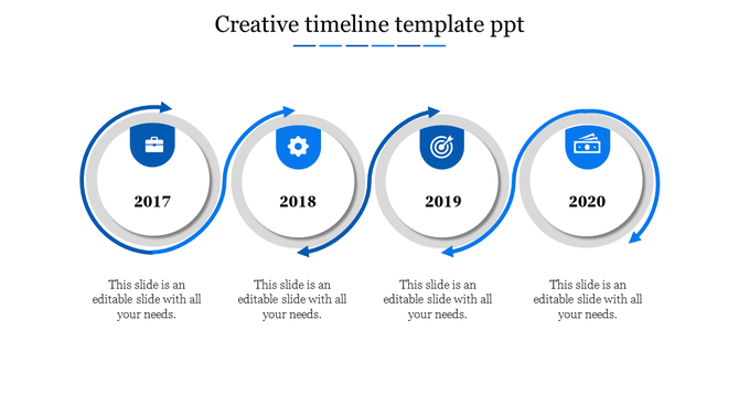 Creative timeline graphic with four circular steps from 2017 to 2020, featuring blue icons and text boxes under each year.