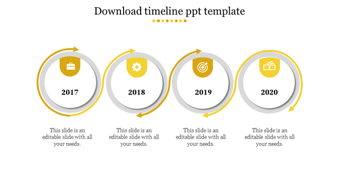 Timeline design with four circular sections, each numbered and symbolized, in yellow and gray, from 2017 to 2020.