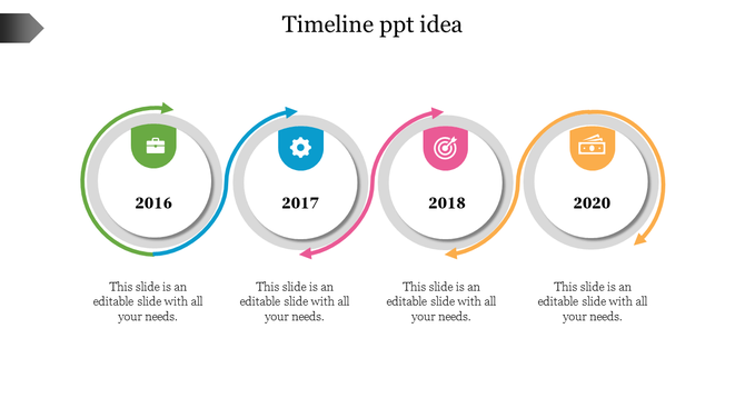 Timeline graphic featuring four colorful circular icons from 2016 to 2020, each with arrow borders and captions underneath.