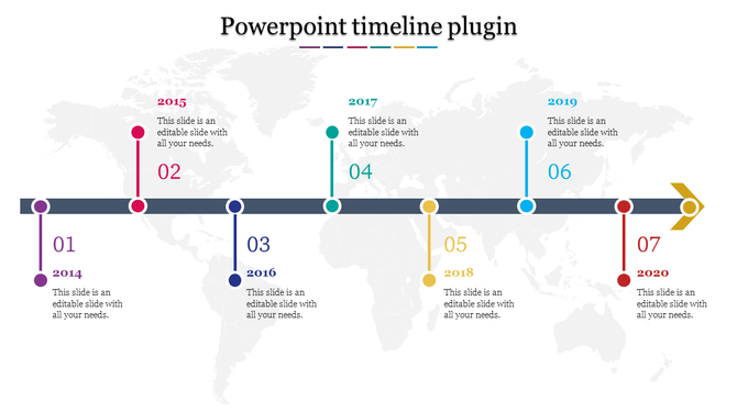 PowerPoint timeline template with seven years marked from 2014 to 2020, each with colorful dots and labels.