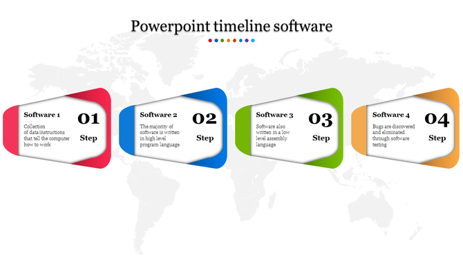 Timeline software template featuring four numbered steps in red, blue, green, and yellow shapes with descriptions.