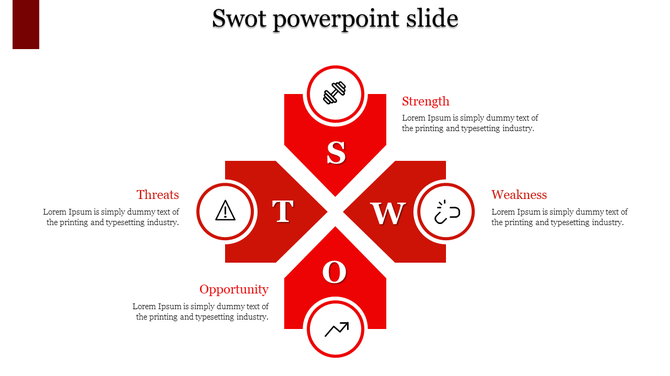 SWOT slide with red diamond layout, circular icons for each element, and corresponding descriptions on white background.