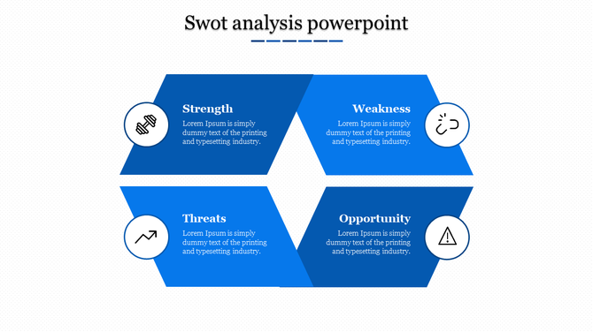 Blue hexagonal SWOT analysis structure with circular icons and text, presented on a dotted white background.