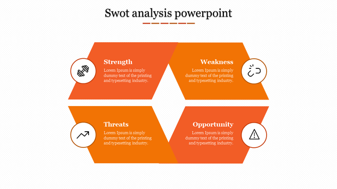 Business SWOT template with an orange color scheme, hexagon-based design, and bold white text for key attributes.