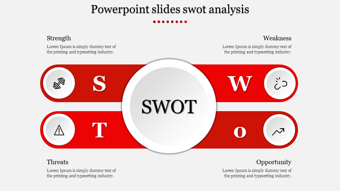Modern SWOT diagram with Strength, Weakness, Opportunity, and Threats in red bands, centered around a circular SWOT label.