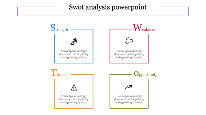 SWOT template with structured square segments in blue, red, green, and orange, representing key strategic factors.