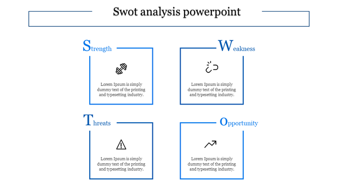 SWOT template with blue lines framing square shape, featuring text and icons for each segment.