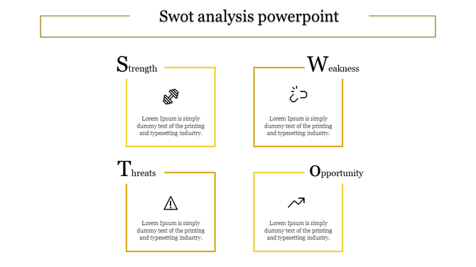 Modern SWOT diagram featuring yellow accented framed text areas, and symbols representing each quadrant.