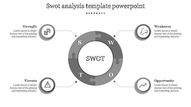 Monochrome SWOT template with a circular layout, featuring icons, and text areas for each element.
