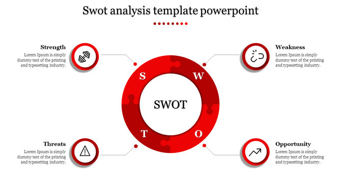 Red themed SWOT analysis slide with a circular diagram highlighting each with an icon and text description.