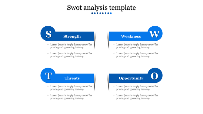 SWOT analysis layout with a four quadrant design, featuring blue headers, and circular icons on a white background.