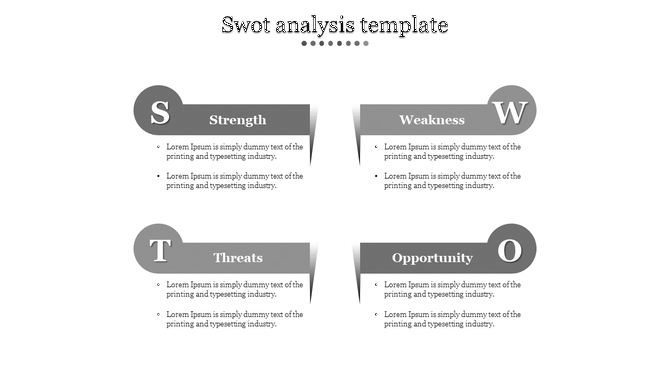 SWOT matrix design featuring four gray ribbon style sections with bold initials, category titles, and placeholder text.