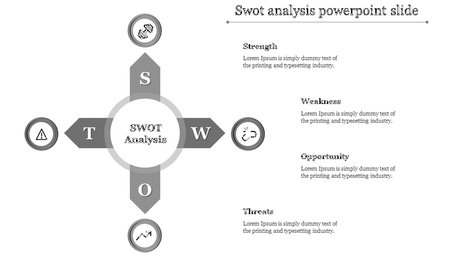 SWOT analysis PPT template with grey icons for Strength, Weakness, Opportunity, and Threats, each with placeholder text.