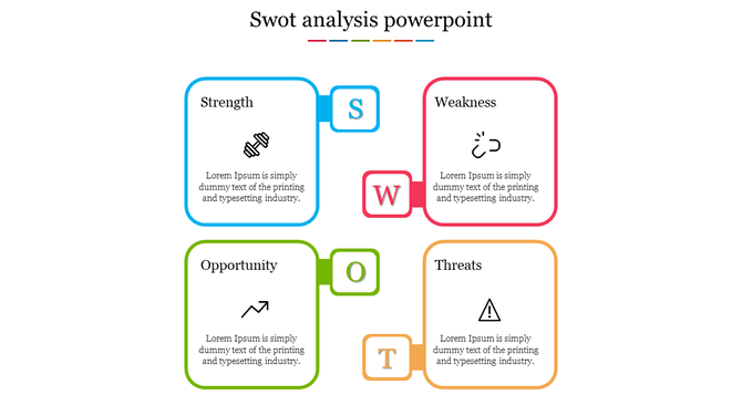 SWOT analysis template with four colorful bordered boxes in blue, red, green, and orange, each with icons.