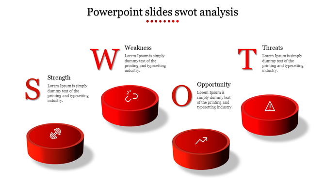 SWOT analysis slide with raised red circular icons for S, W, O, T, each paired with a bold letter and description.