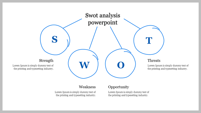 SWOT analysis PowerPoint template with four blue circular sections labeled Strength, Weakness, Opportunity, and Threats.