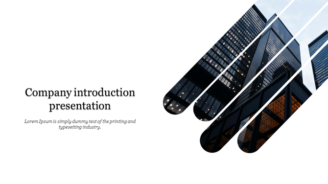 Modern company introduction slide with skyscraper image sliced diagonally and text on the left, set on a white background.