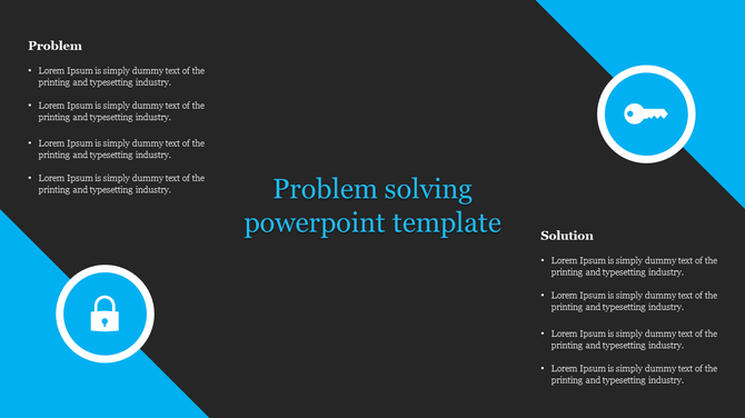 Problem solving layout with two icons and lists on a black background, highlighted by bright blue elements.