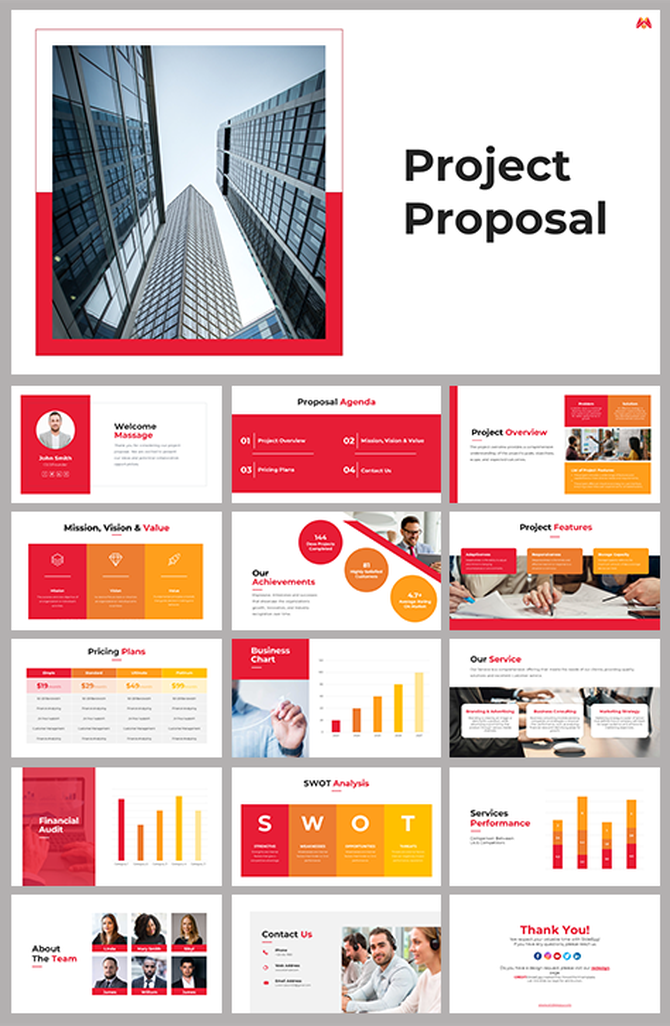 Project proposal slides featuring red and orange theme, with sections for agenda, features, SWOT analysis, and team details.